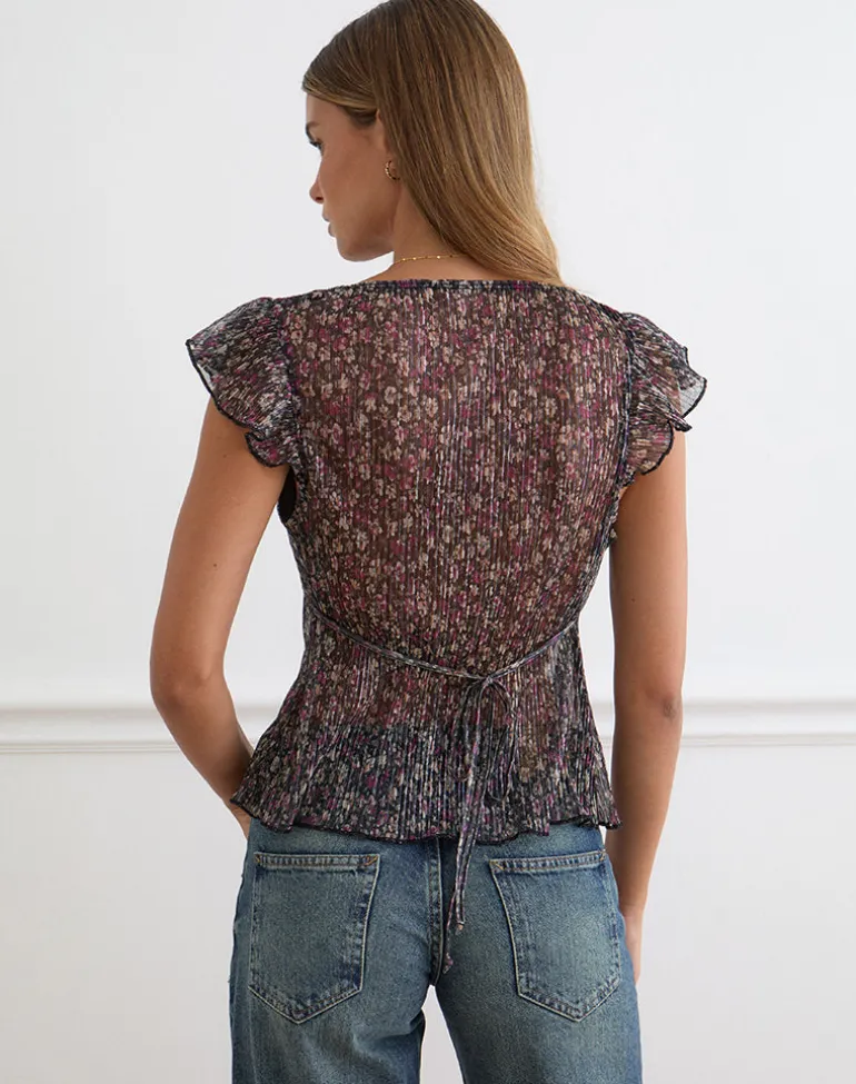 Pharita V Neck Top in Ditsy Floral Plisse Charcoal