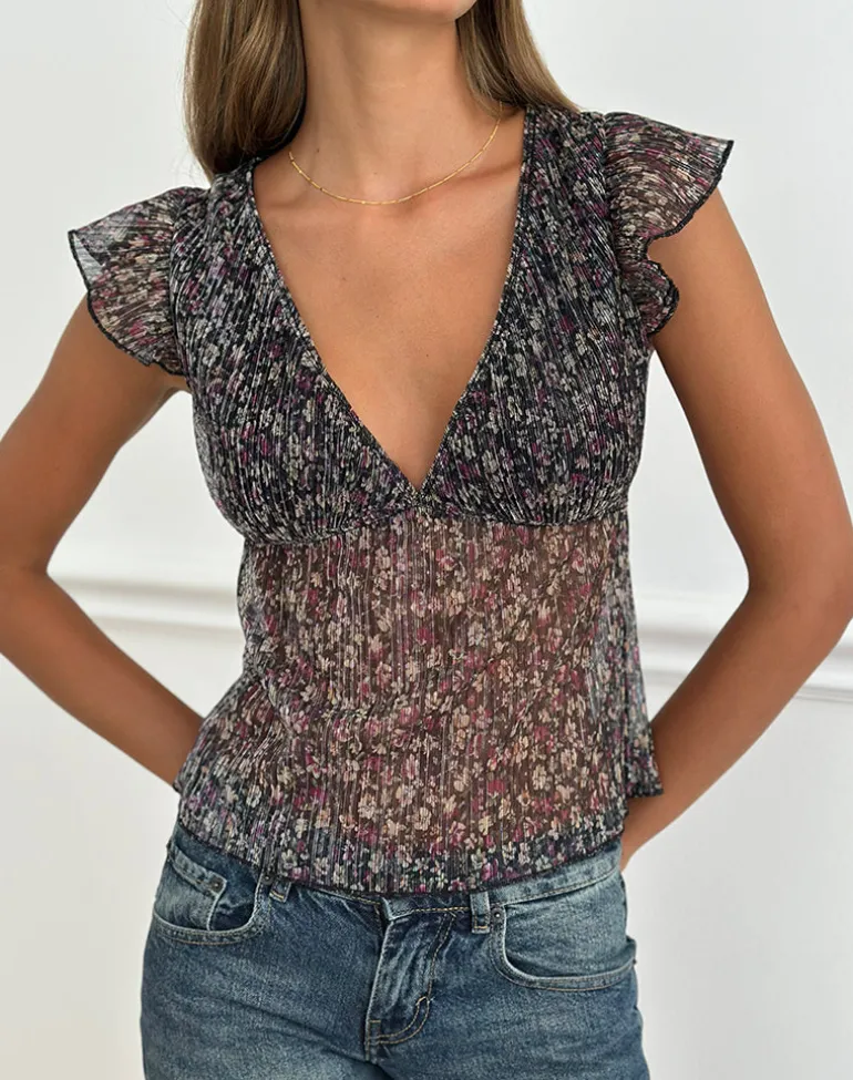 Pharita V Neck Top in Ditsy Floral Plisse Charcoal