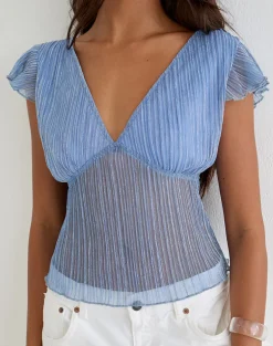 Pharita V Neck Top in Plisse Blue