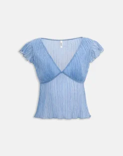 Pharita V Neck Top in Plisse Blue