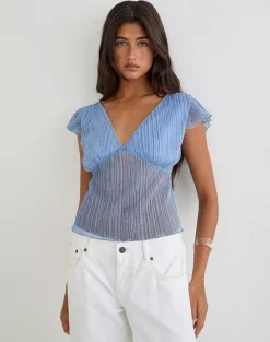 Pharita V Neck Top in Plisse Blue