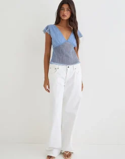 Pharita V Neck Top in Plisse Blue