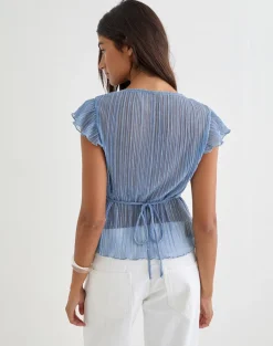 Pharita V Neck Top in Plisse Blue
