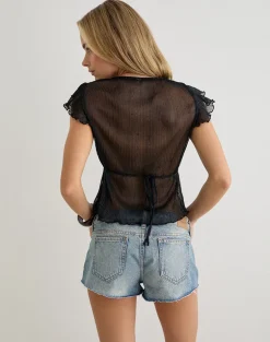Pharita V Neck Top in Plisse Black