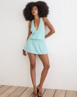 Pippa Plunge Wrap Mini Dress in Jersey Aqua