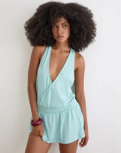 Pippa Plunge Wrap Mini Dress in Jersey Aqua