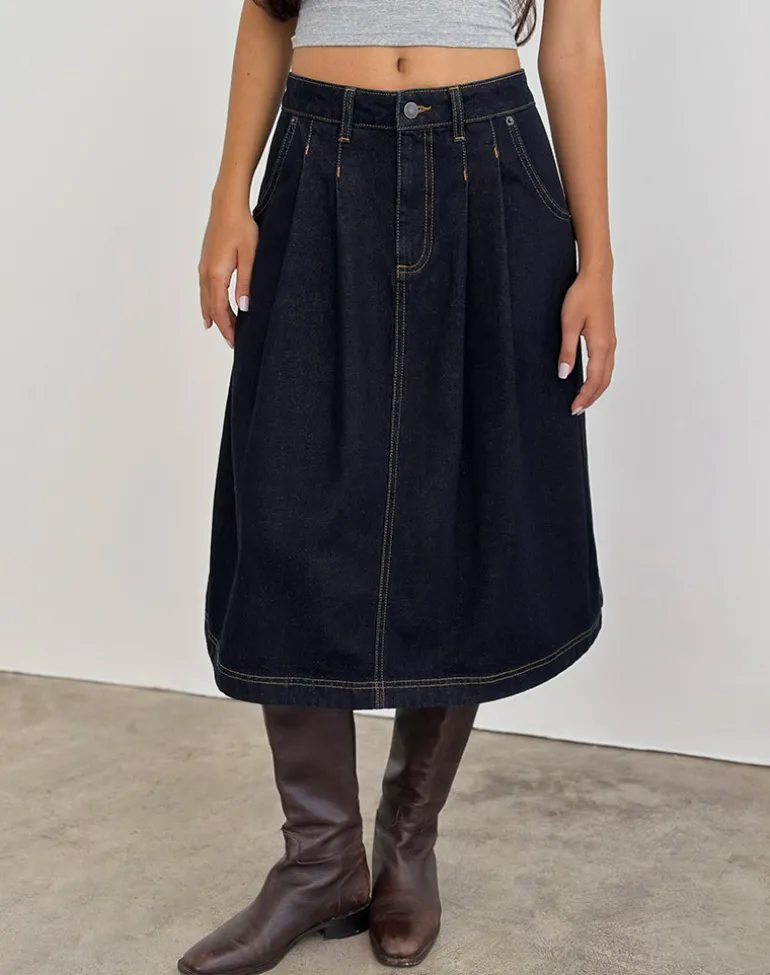 Pleated Midi Denim Skirt in Indigo