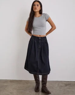 Pleated Midi Denim Skirt in Indigo