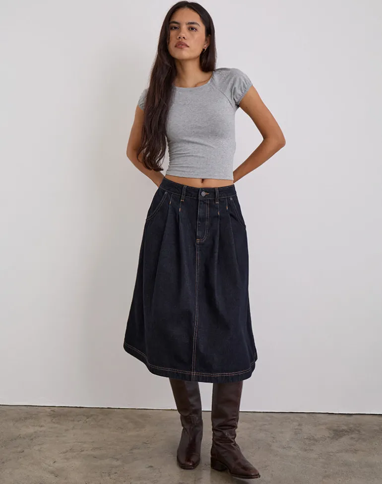 Pleated Midi Denim Skirt in Indigo