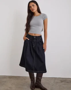 Pleated Midi Denim Skirt in Indigo