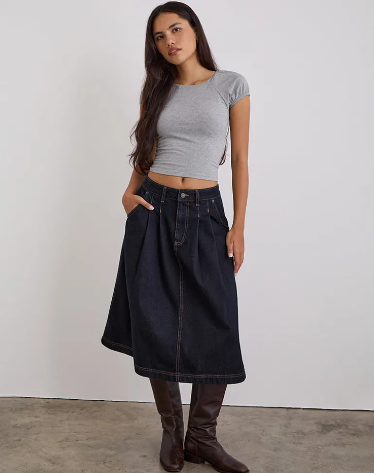 Pleated Midi Denim Skirt in Indigo