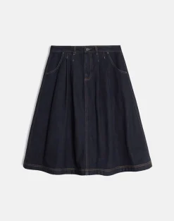 Pleated Midi Denim Skirt in Indigo