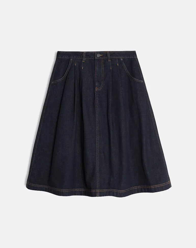 Pleated Midi Denim Skirt in Indigo