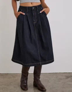 Pleated Midi Denim Skirt in Indigo