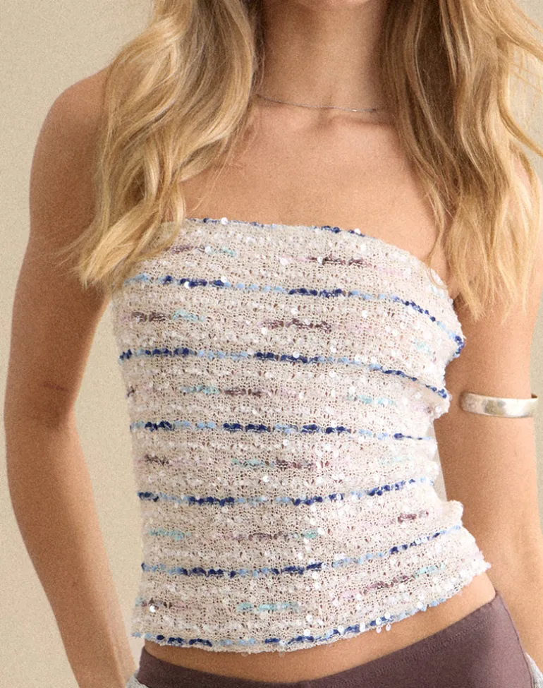 Prana Bandeau Top in Knit Sequin Cream Blue
