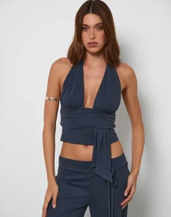Prilla Halterneck Top in Cupro Ocean Storm