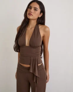 Prilla Halterneck Top in Cupro Dark Brown