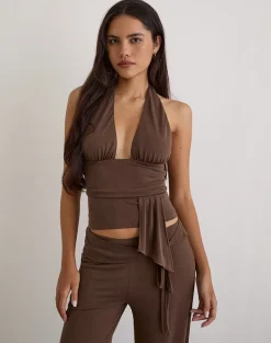 Prilla Halterneck Top in Cupro Dark Brown