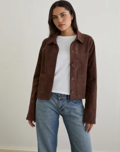 Quincy Faux Suede Cropped Jacket in Brown