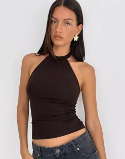 Raceline Halterneck Top in Rayon Jersey Chocolate Brown