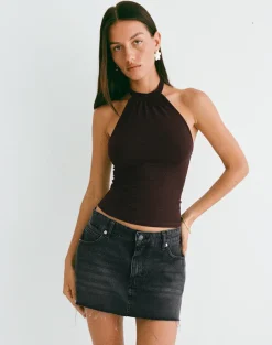 Raceline Halterneck Top in Rayon Jersey Chocolate Brown