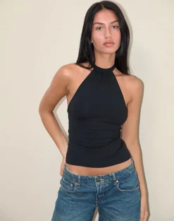 Raceline Halterneck Top in Rayon Jersey Black