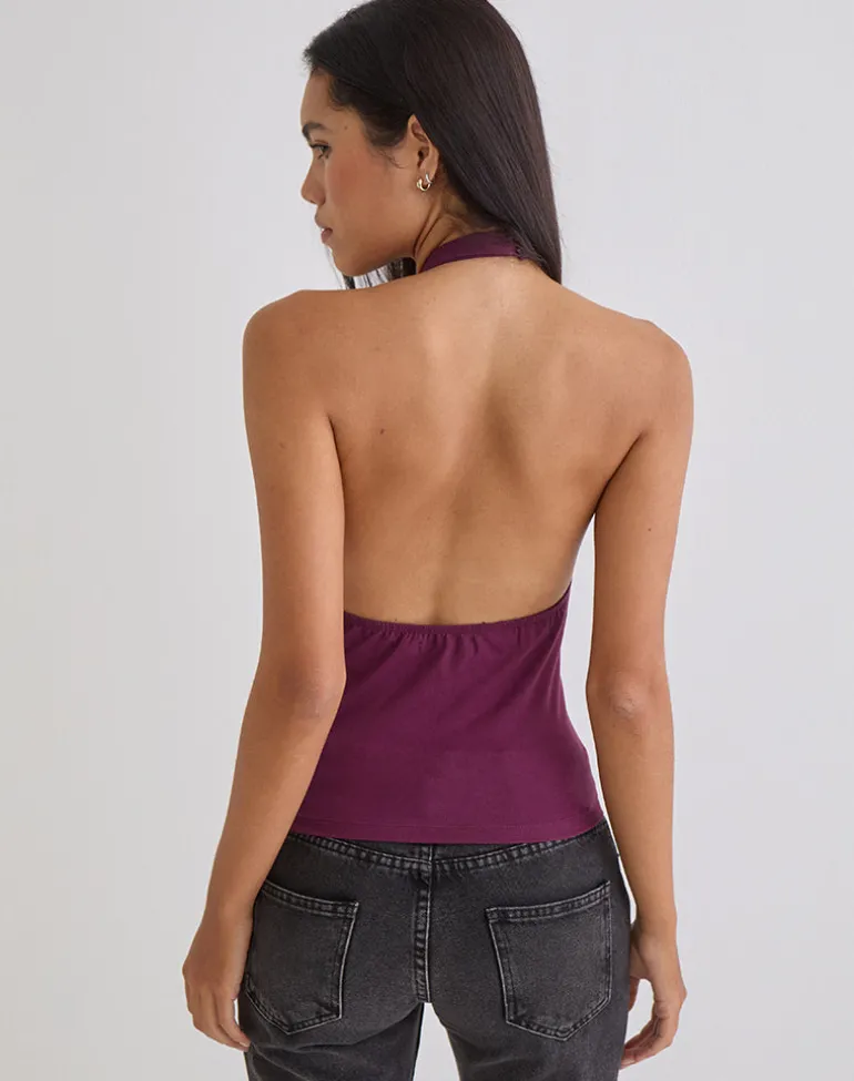 Raceline Halterneck Top in Rayon Jersey Deep Purple
