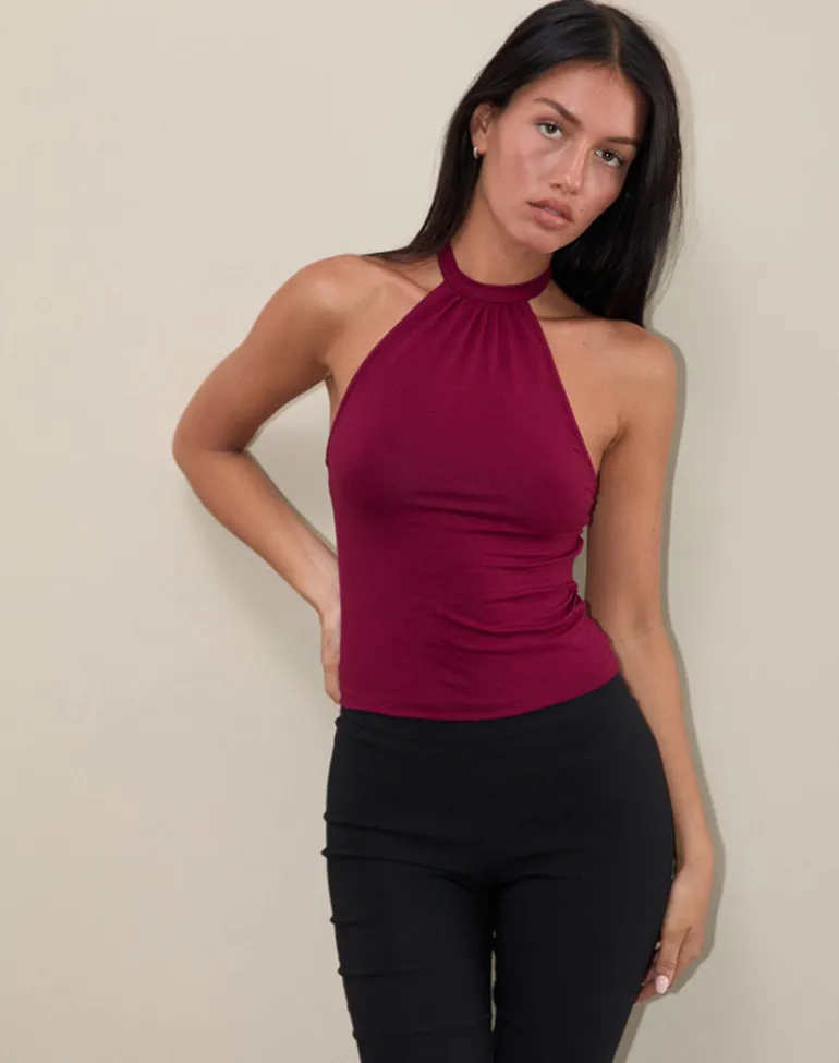 Raceline Halterneck Top in Rayon Jersey Burgundy
