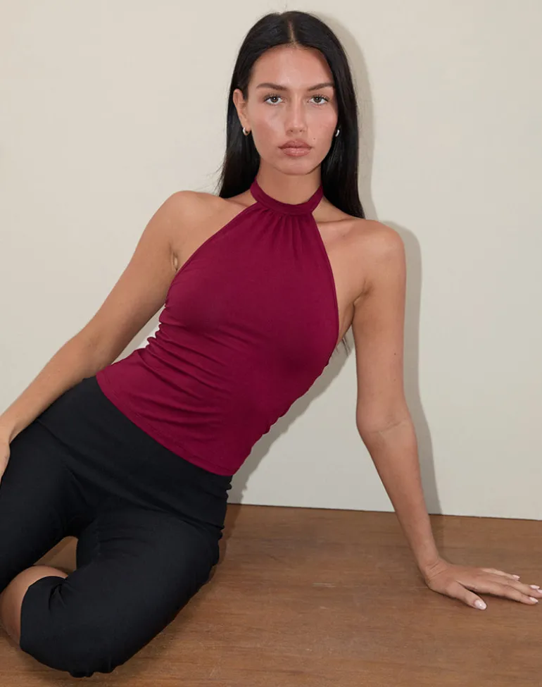 Raceline Halterneck Top in Rayon Jersey Burgundy