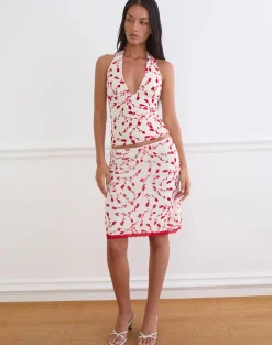 Radu Midi Skirt in Cream with Red Leafy Lily Flock