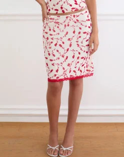 Radu Midi Skirt in Cream with Red Leafy Lily Flock