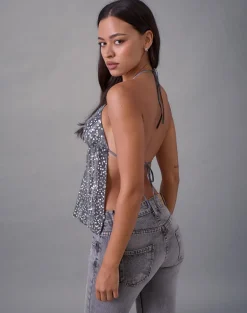 Rafina Halter Top in Chiffon Sequin Grey