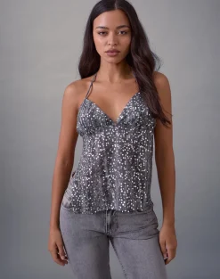 Rafina Halter Top in Chiffon Sequin Grey