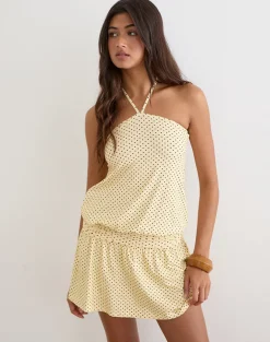 Ramira Drop Waist Mini Dress in Butter Yellow with Micro Polka Dots