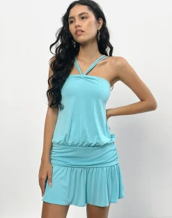 Ramira Drop Waist Mini Dress in Cupro Aqua
