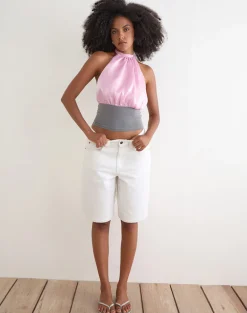 Rania Backless Top in Satin Organza Pink with Grey Contrast