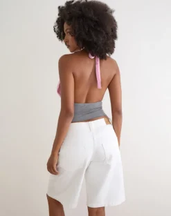 Rania Backless Top in Satin Organza Pink with Grey Contrast