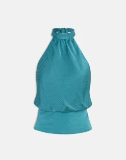 Rania Backless Top in Stripe Satin Teal