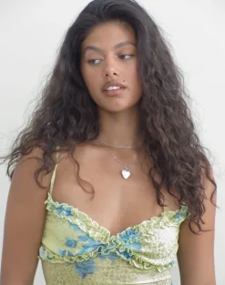 Ranita Ruffle Trim Cami Top in Green Blurred Jungle with Turquoise Rose