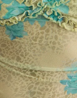 Ranita Ruffle Trim Cami Top in Green Blurred Jungle with Turquoise Rose