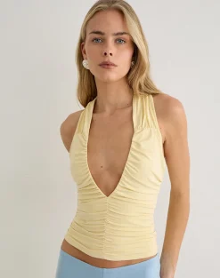 Rasha Ruched Plunge Top in Cupro Yellow