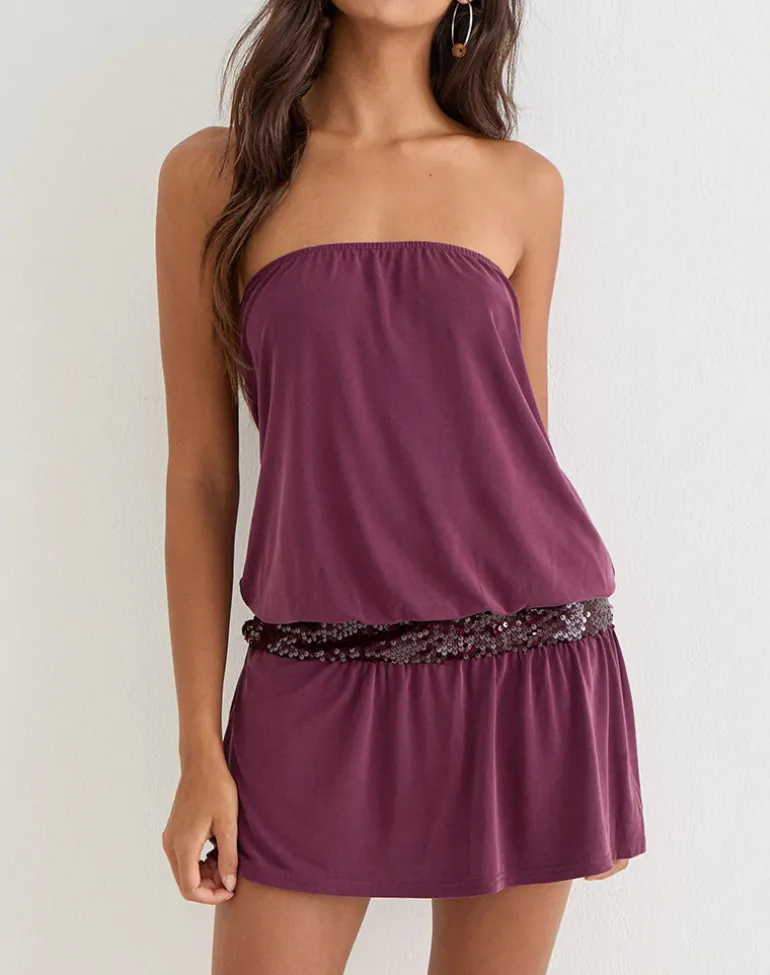 Ratana Bandeau Mini Dress in Cupro Deep Purple with Sequin Waistband