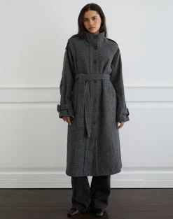 Ravari Belted Trench Coat in Charcoal Check