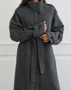 Ravari Belted Trench Coat in Charcoal Check
