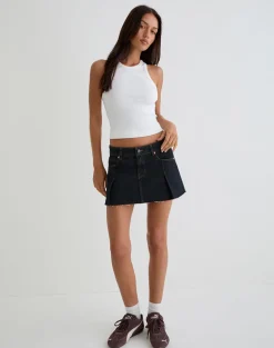 Raw Hem Denim Dart Mini Skirt in Indigo