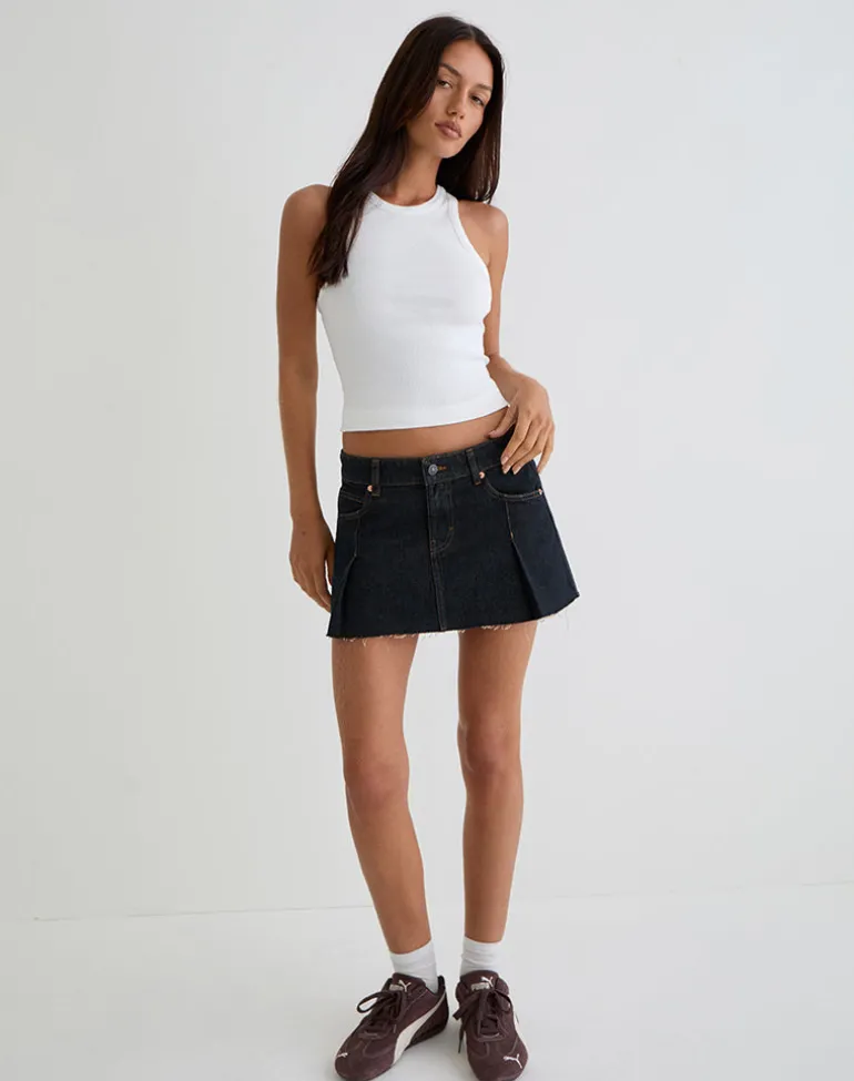 Raw Hem Denim Dart Mini Skirt in Indigo