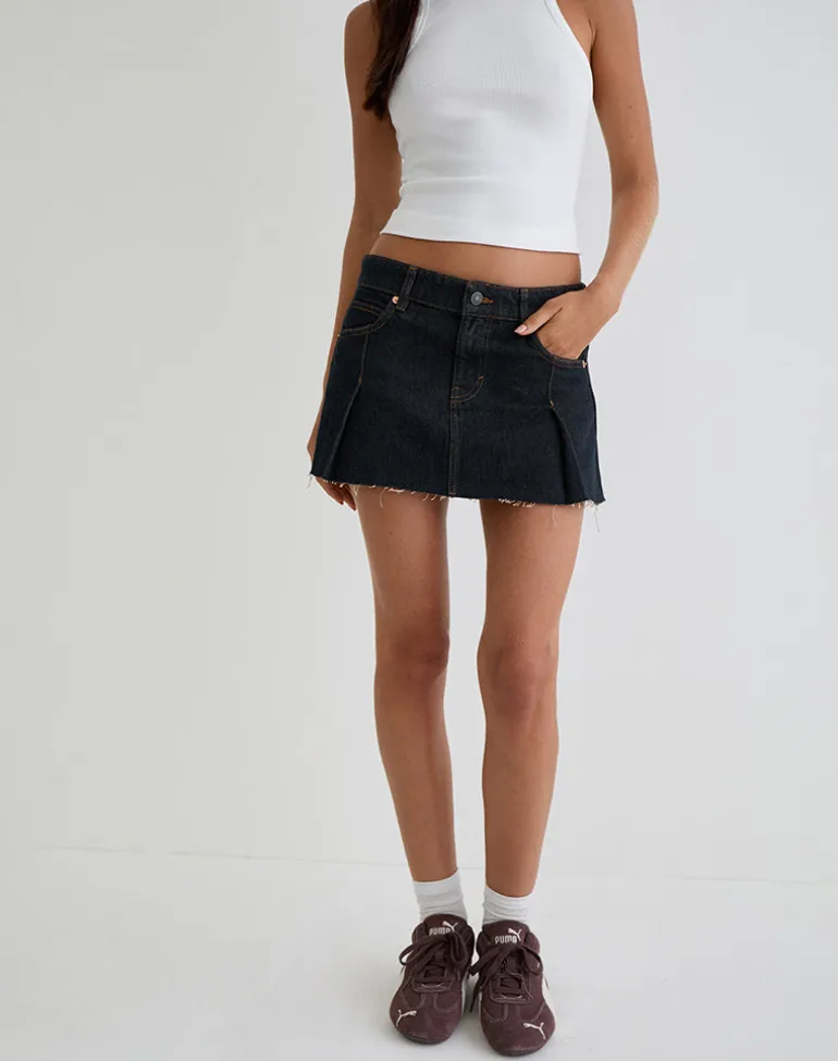 Raw Hem Denim Dart Mini Skirt in Indigo