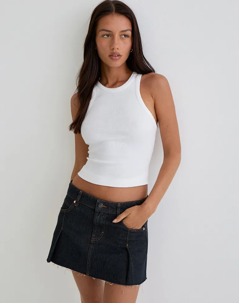 Raw Hem Denim Dart Mini Skirt in Indigo