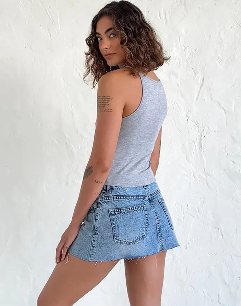 Raw Hem Denim Mini Skirt in Vintage Blue Wash