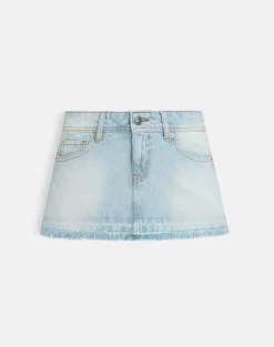 Raw Hem Low Rise Denim Mini Skirt in Icy Blue